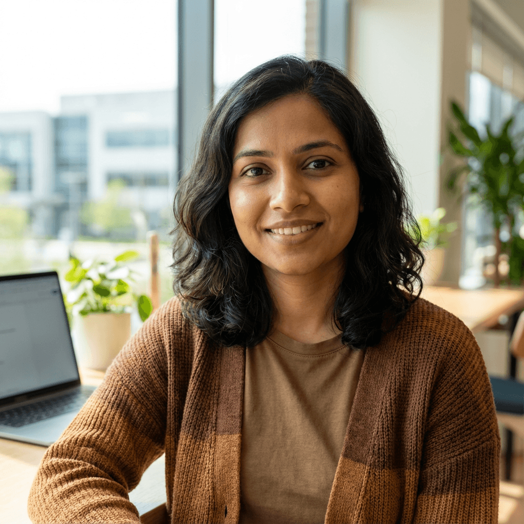 Female traveler in her 40s, South Asian, warm and professional appearance