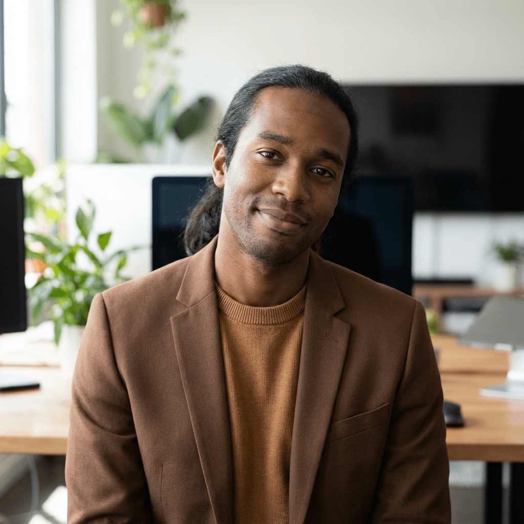 Male traveler in his early 30s, Black, relaxed and happy demeanor