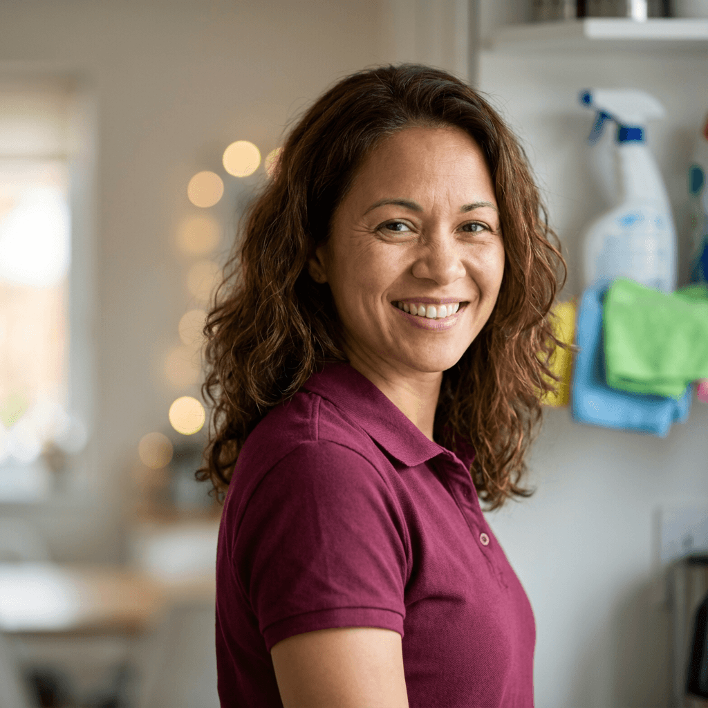 Sarah Mitchell smiling in a bright living room
