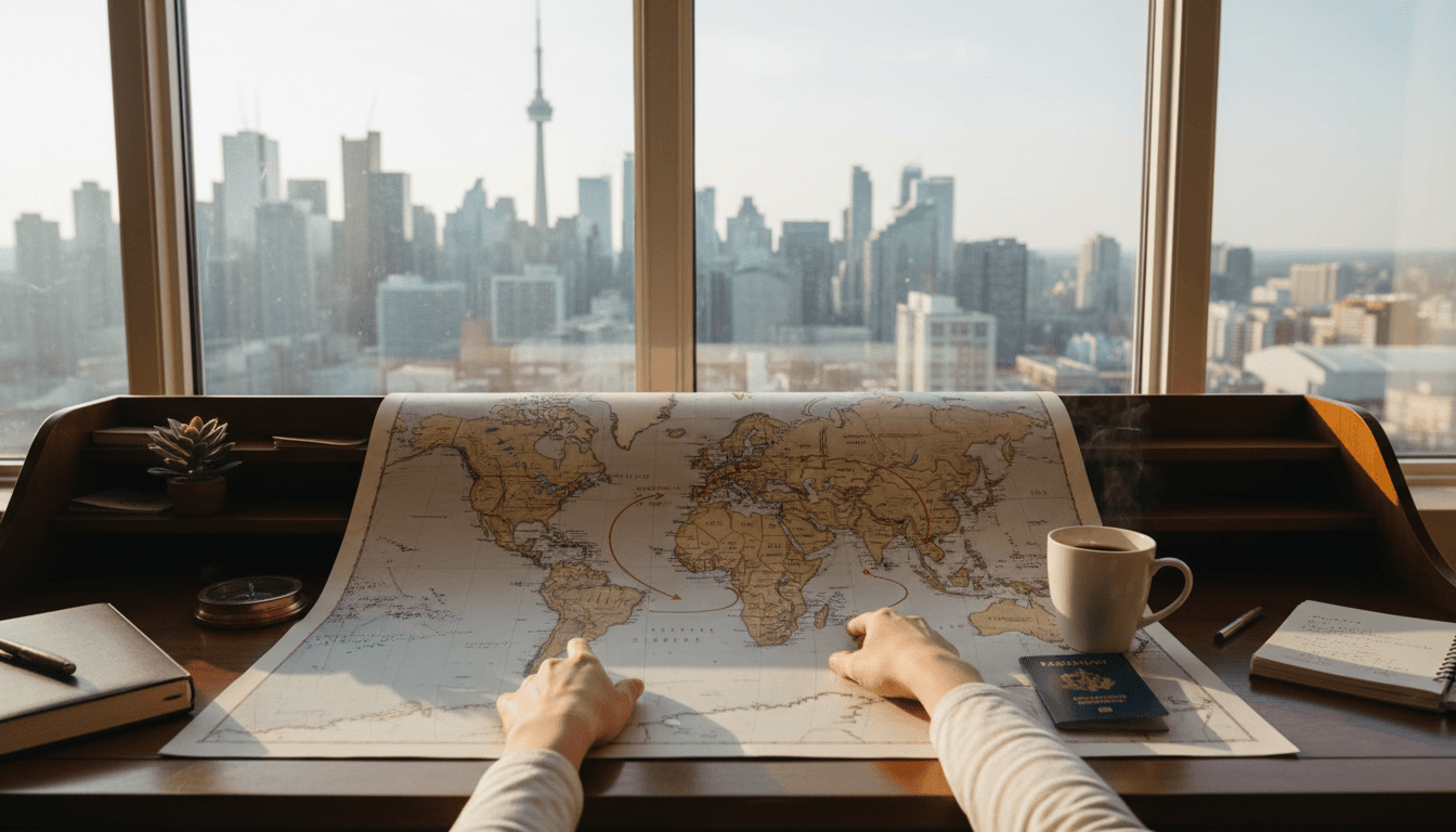 Travel planner's hands pointing at a route on a map on a desk with a passport and coffee