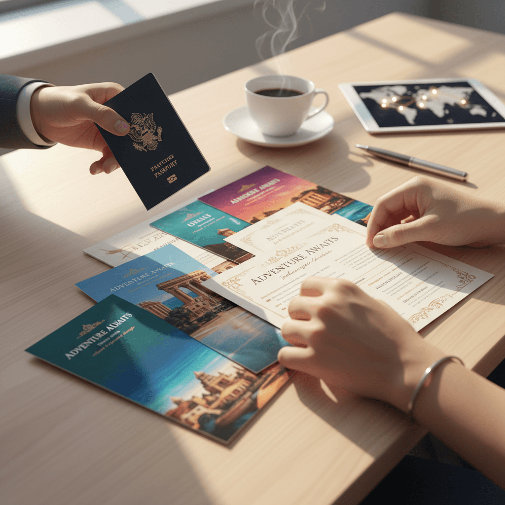 Hands sorting travel itineraries and brochures on a wooden desk with a small globe