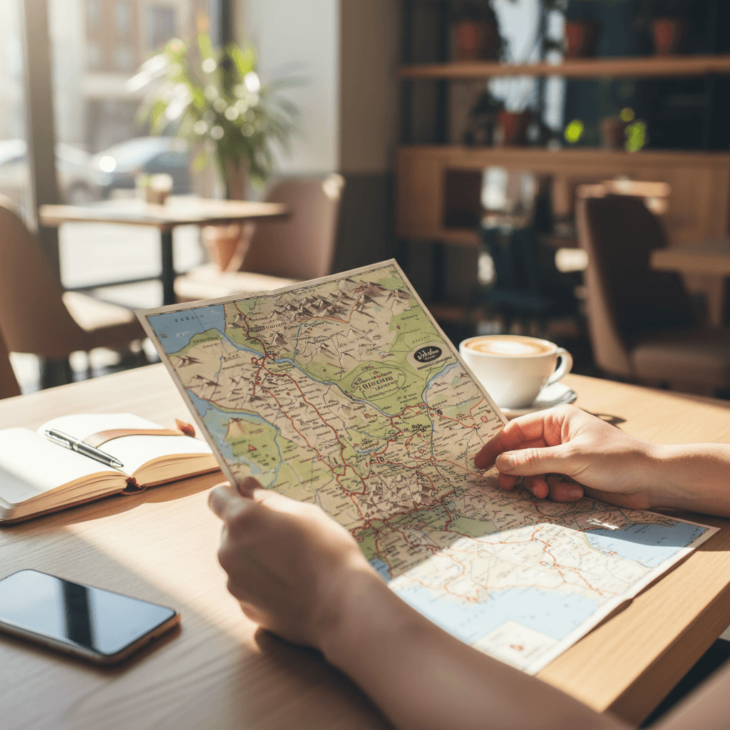 Travel planner's desk with maps and a notebook