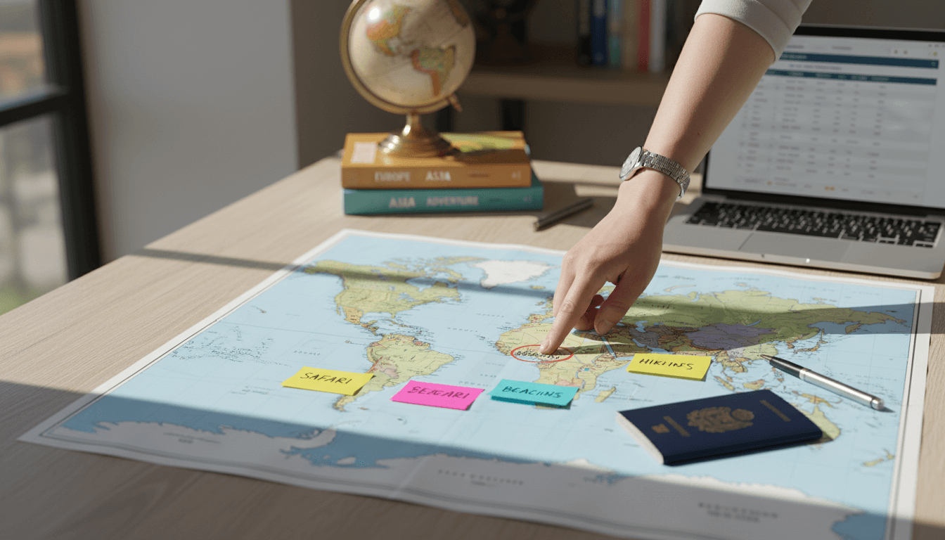 Travel planning desk with maps, passport, and a globe in warm natural light