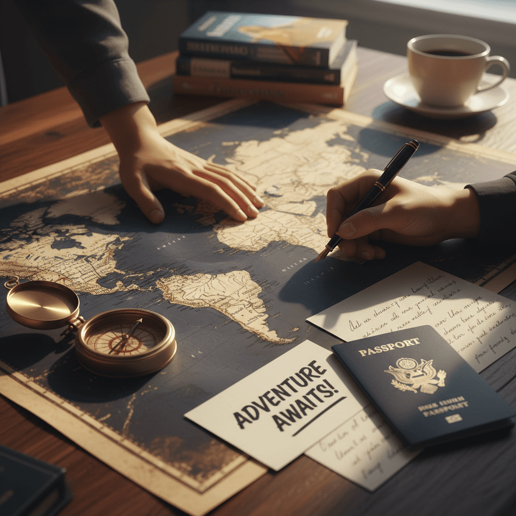 Travel planner arranging boarding passes and a small globe on a wooden desk